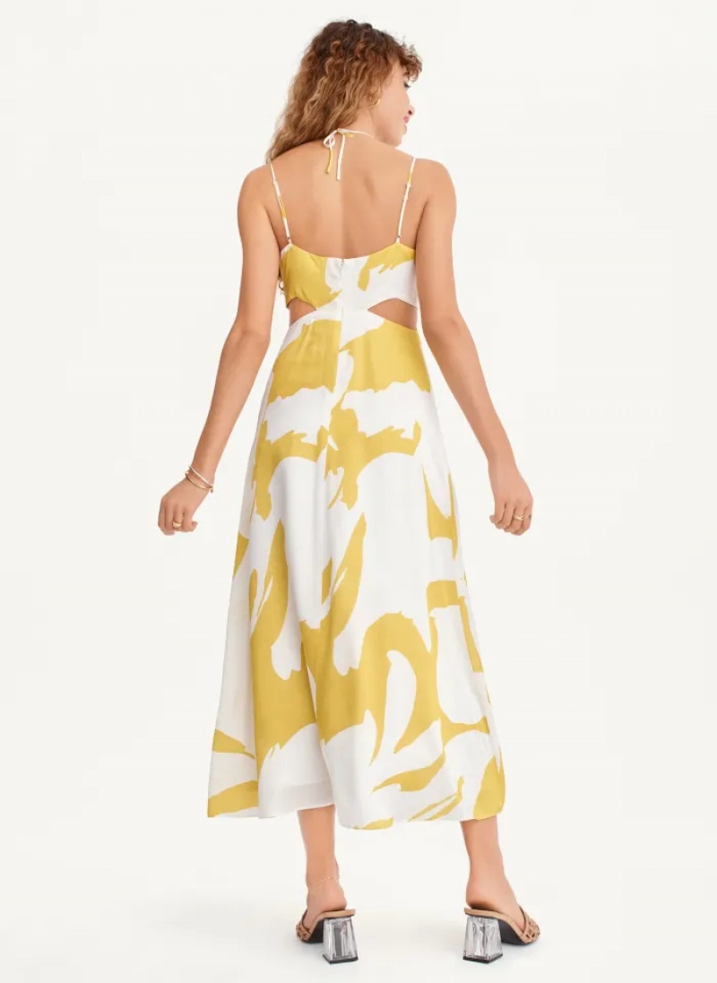 Yellow Women's Dkny Printed Cut Out Halter Dress | 873QKHNYD